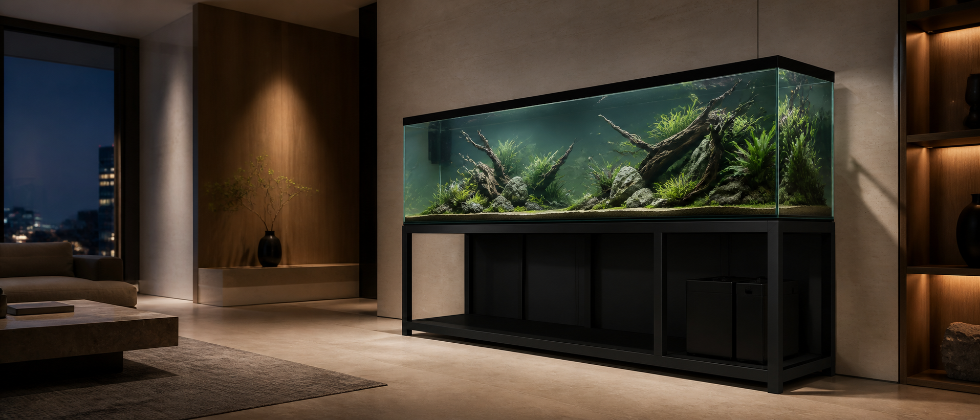 A contemporary planted aquarium on a black steel Tanklith stand